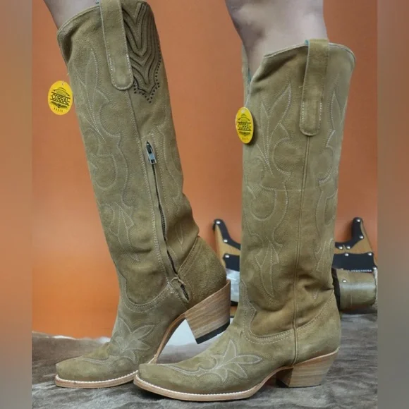 Corral Embroidery Suede Tall Top Snip Toe Cowboy Boot - Picture 8 of 16